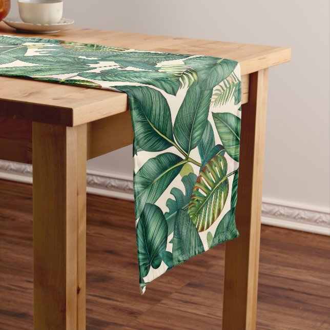 Green & Teal Palm Monstera Tropical Leaves Pattern Short Table Runner (In Situ)