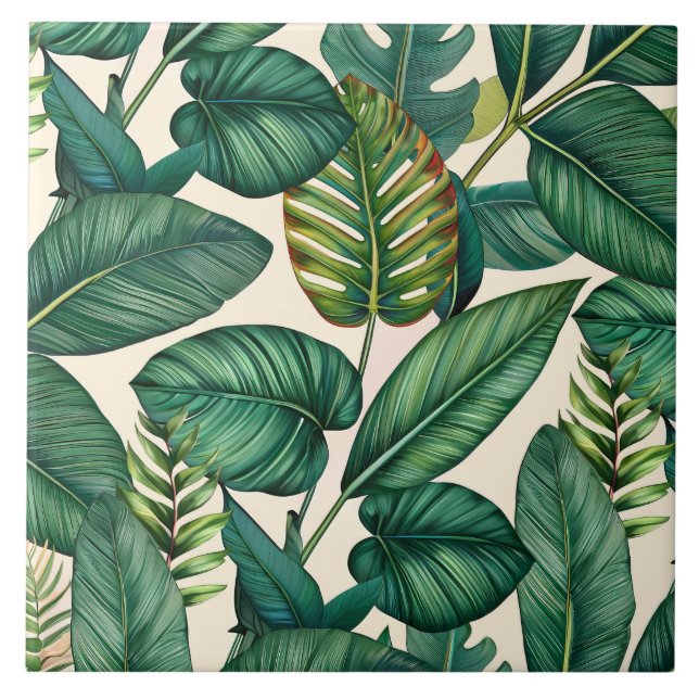 Green & Teal Palm Monstera Tropical Leaves Pattern Tile (Front)