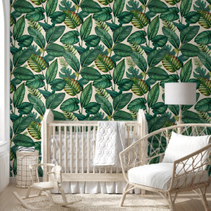 Green & Teal Palm Monstera Tropical Leaves Pattern Wallpaper