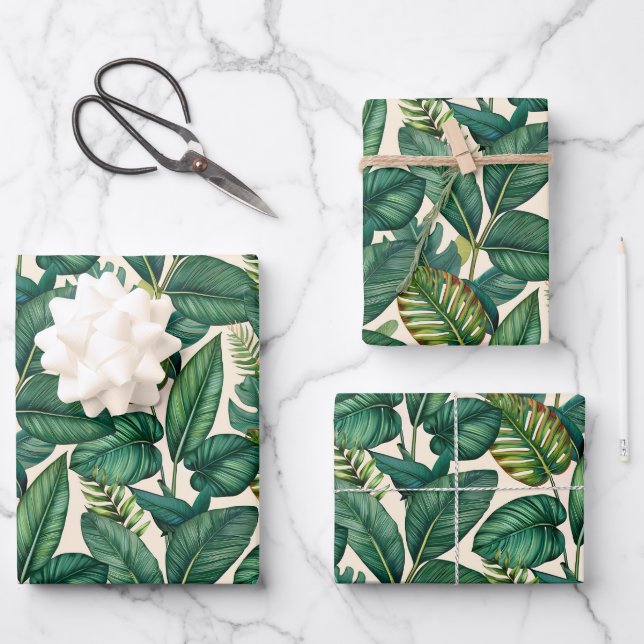 Green & Teal Palm Monstera Tropical Leaves Pattern Wrapping Paper Sheet (Front)