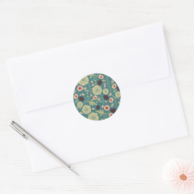 Green Teal Pink Floral Toss Pattern Classic Round Sticker (Envelope)