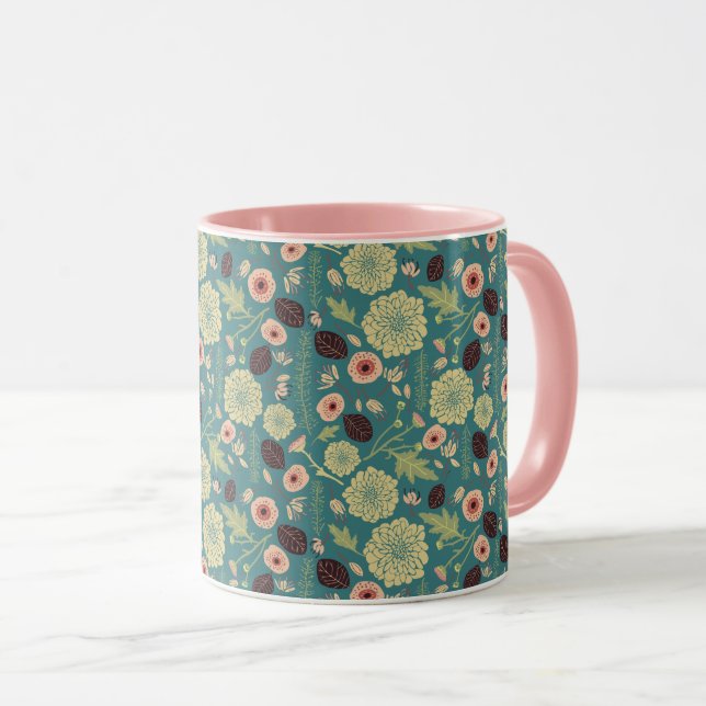 Green Teal Pink Floral Toss Pattern Mug (Front Right)