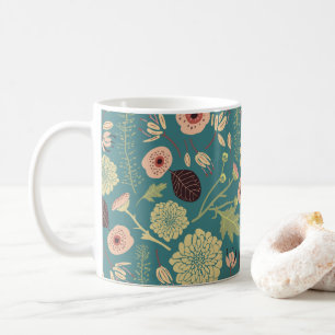 Green Teal Pink Floral Toss Patterned Flowers Coffee Mug