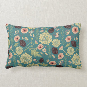 Green Teal Pink Floral Toss Patterned Flowers Lumbar Cushion