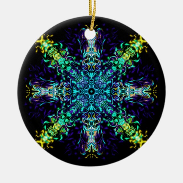 Green Teal Psychedelic Bohemian Mandala Ceramic Tree Decoration (Front)