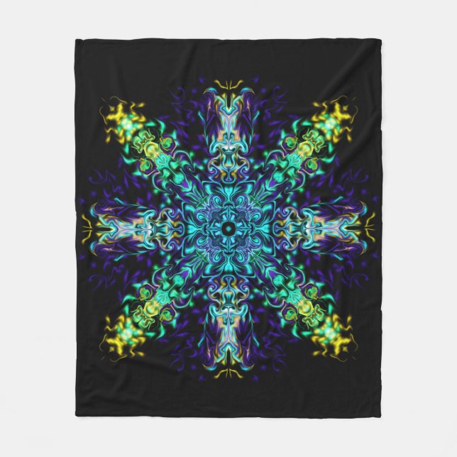 Green Teal Psychedelic Bohemian Mandala Fleece Blanket (Front)