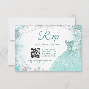 Green Teal Silver Winter Quinceañera Snowflake QR RSVP Card