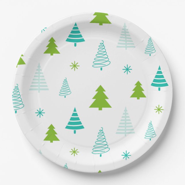 Green Teal Trees Simple Modern Christmas  Paper Plate (Front)