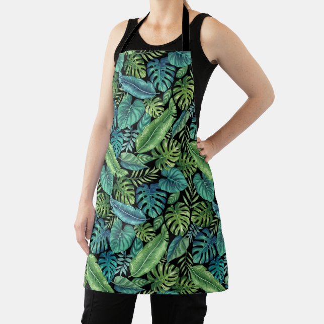 Green & Teal Tropical Palm Banana Monstera Leaves Apron (Insitu)