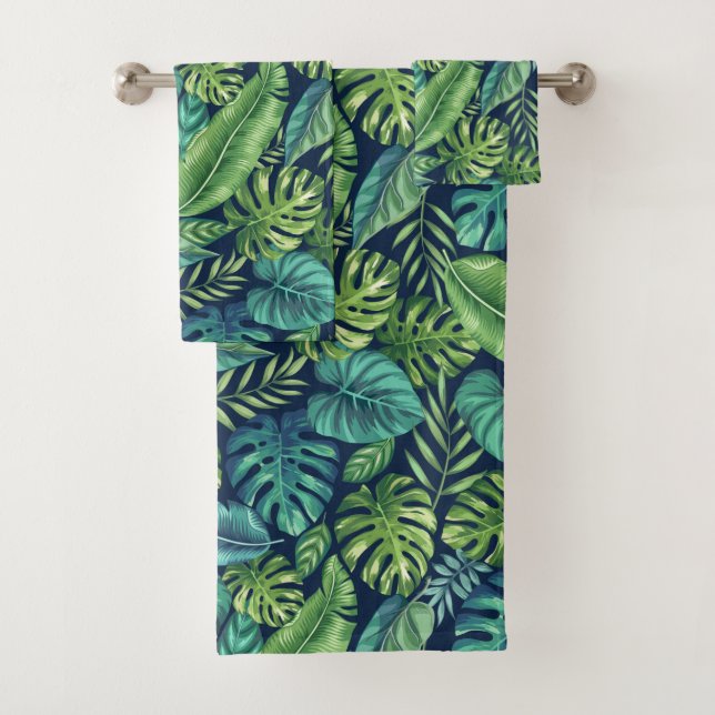 Green & Teal Tropical Palm Banana Monstera Leaves  Bath Towel Set (Insitu)