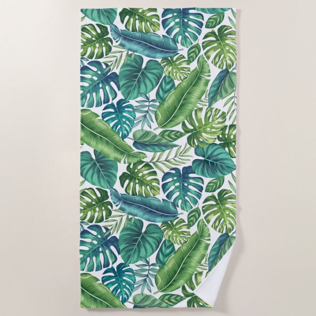 Green & Teal Tropical Palm Banana Monstera Leaves Beach Towel (Front)