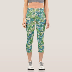 Green & Teal Tropical Palm Banana Monstera Leaves Capri Leggings