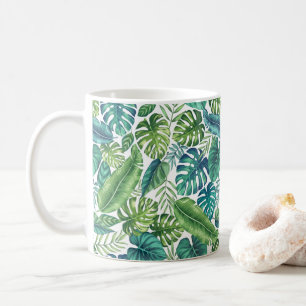 Green & Teal Tropical Palm Banana Monstera Leaves Coffee Mug