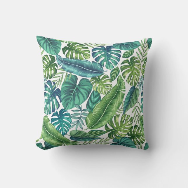 Green & Teal Tropical Palm Banana Monstera Leaves Cushion (Front)