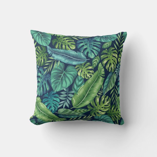 Green & Teal Tropical Palm Banana Monstera Leaves Cushion (Front)