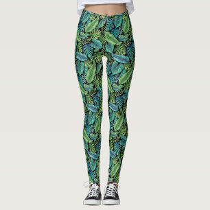 Green & Teal Tropical Palm Banana Monstera Leaves Leggings