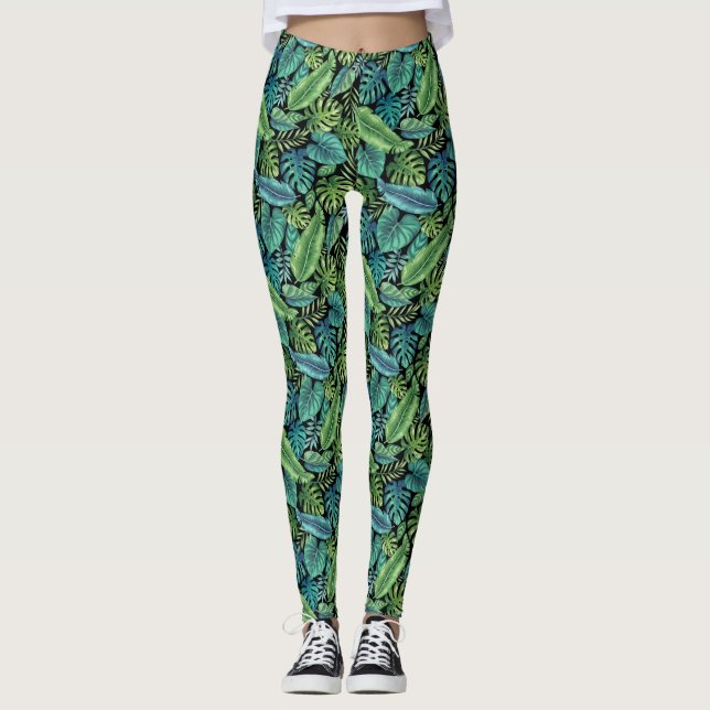 Green & Teal Tropical Palm Banana Monstera Leaves Leggings (Front)