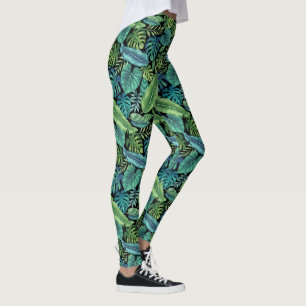 Green & Teal Tropical Palm Banana Monstera Leaves Leggings