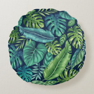 Green & Teal Tropical Palm Banana Monstera Leaves  Round Cushion