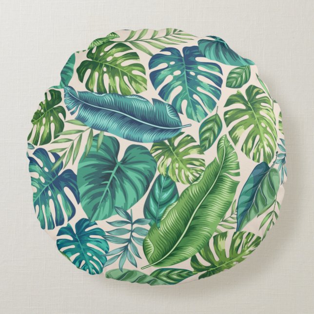 Green & Teal Tropical Palm Banana Monstera Leaves  Round Cushion (Front)