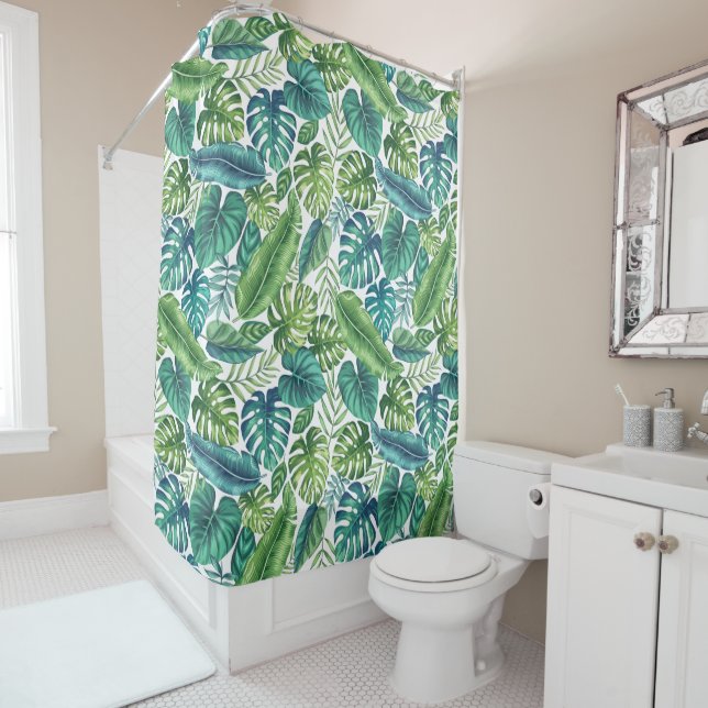 Green & Teal Tropical Palm Banana Monstera Leaves  Shower Curtain (In Situ)
