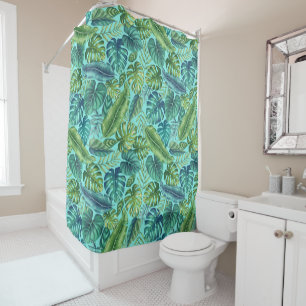 Green & Teal Tropical Palm Banana Monstera Leaves Shower Curtain