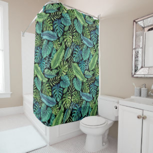 Green & Teal Tropical Palm Banana Monstera Leaves Shower Curtain