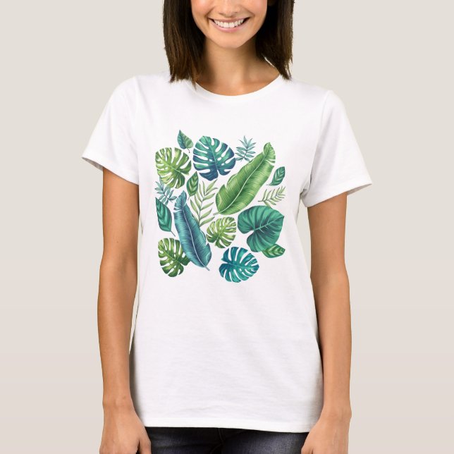 Green & Teal Tropical Palm Banana Monstera Leaves T-Shirt (Front)