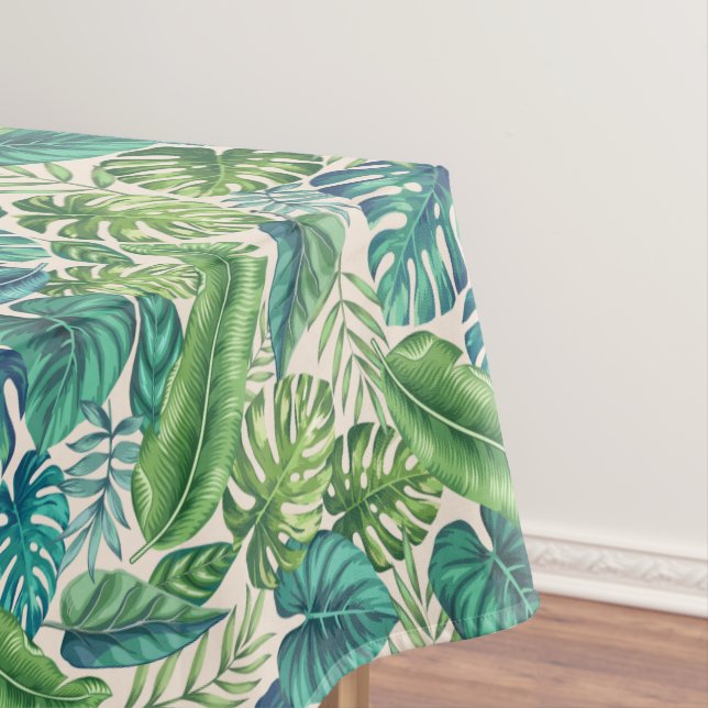 Green & Teal Tropical Palm Banana Monstera Leaves Tablecloth (In Situ)