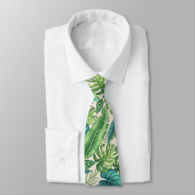 Green & Teal Tropical Palm Banana Monstera Leaves  Tie (Tied)