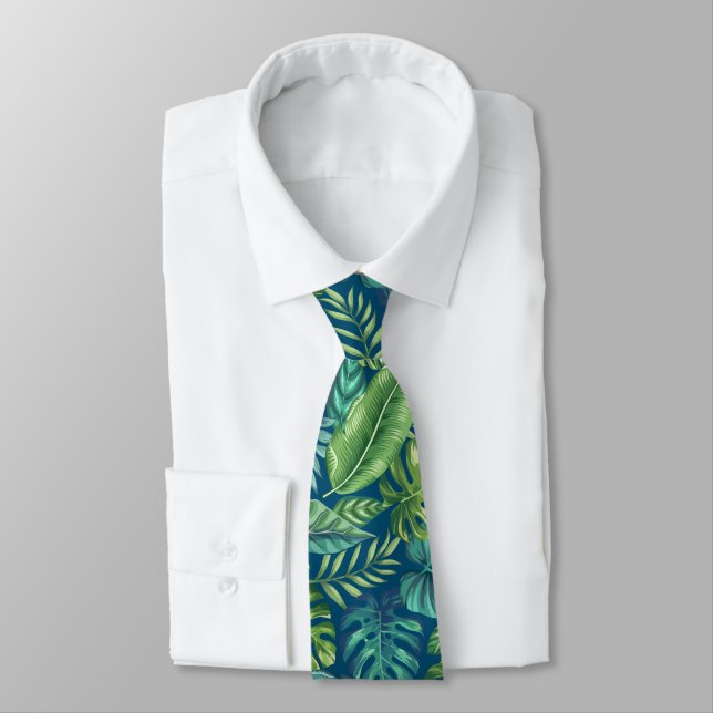 Green & Teal Tropical Palm Banana Monstera Leaves  Tie (Tied)