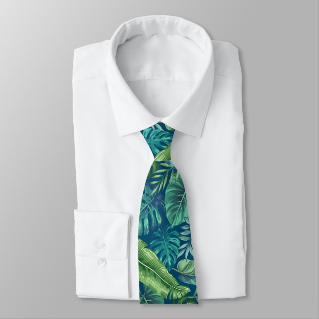 Green & Teal Tropical Palm Banana Monstera Leaves Tie (Tied)
