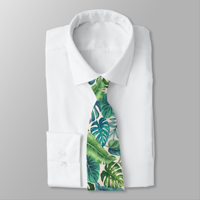 Green & Teal Tropical Palm Banana Monstera Leaves Tie (Tied)