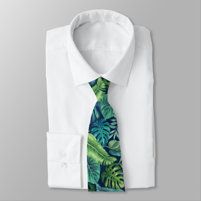 Green & Teal Tropical Palm Banana Monstera Leaves  Tie (Tied)