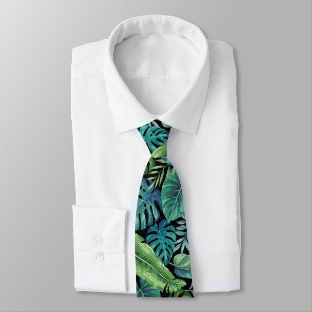 Green & Teal Tropical Palm Banana Monstera Leaves Tie (Tied)