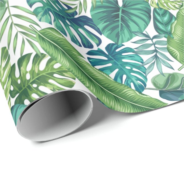 Green & Teal Tropical Palm Banana Monstera Leaves  Wrapping Paper (Roll Corner)