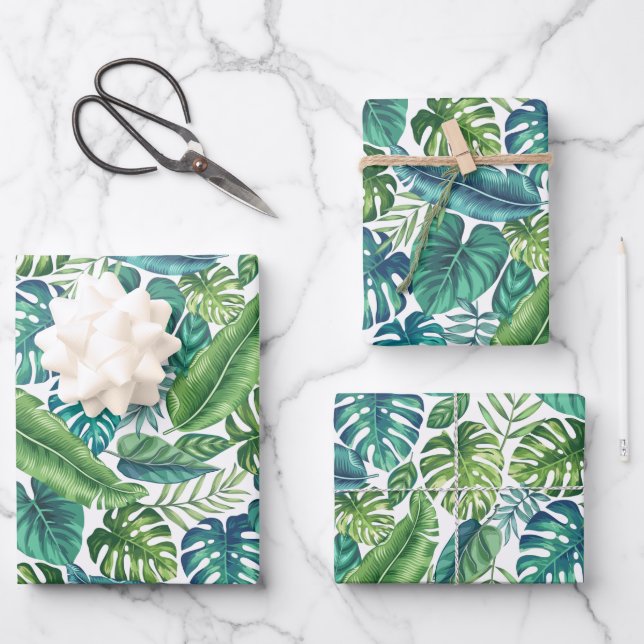 Green & Teal Tropical Palm Banana Monstera Leaves Wrapping Paper Sheet (Front)