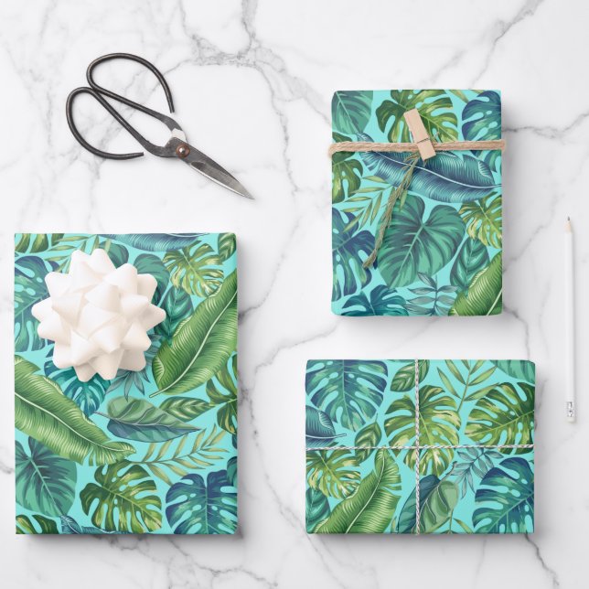 Green & Teal Tropical Palm Banana Monstera Leaves Wrapping Paper Sheet (Front)