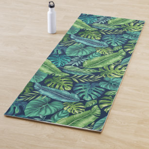 Green & Teal Tropical Palm Banana Monstera Leaves Yoga Mat