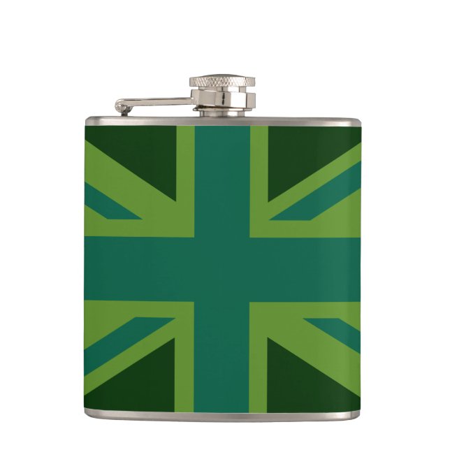 Green Teal Union Jack Flag Style Background Hip Flask (Front)