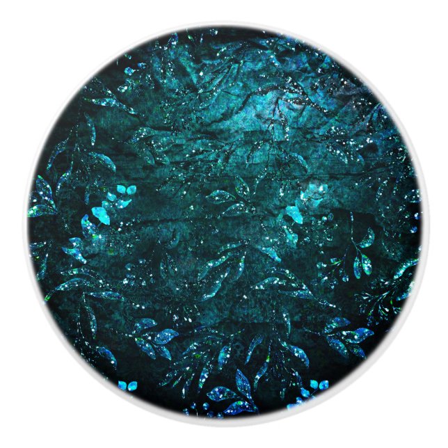 Green Teal Vintage Floral Leaves  Ceramic Knob (Front)