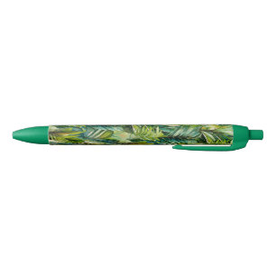 Green & Teal Watercolor Tropical Palm Leaves Blue Ink Pen