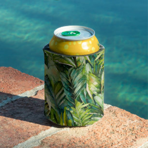 Green & Teal Watercolor Tropical Palm Leaves Can Cooler