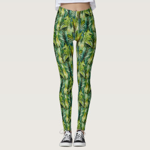 Green & Teal Watercolor Tropical Palm Leaves Leggings