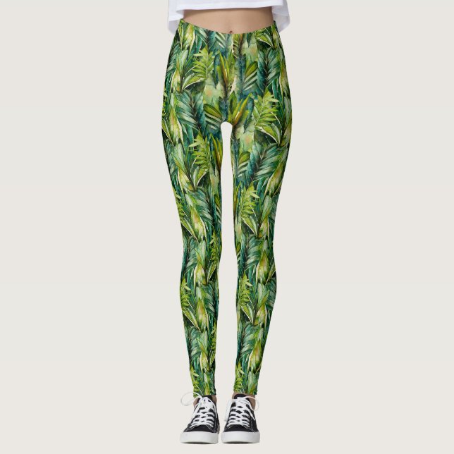 Green & Teal Watercolor Tropical Palm Leaves Leggings (Front)