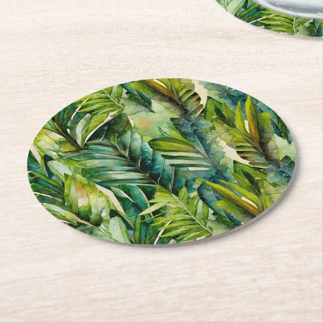 Green & Teal Watercolor Tropical Palm Leaves Round Paper Coaster (Angled)