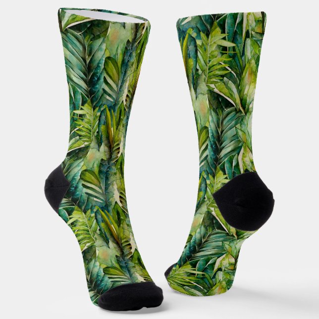 Green & Teal Watercolor Tropical Palm Leaves Socks (Angled)