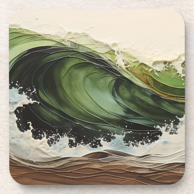 Green Teal Wave Beach Ocean Painting Coaster (Front)