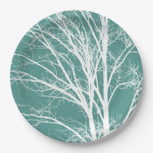 Green Teal White Bare Tree Branches Paper Plate