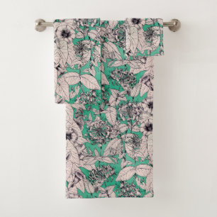 Green Teal White Graphic Flowers Pattern Bath Towel Set